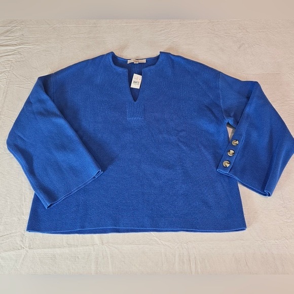 Loft Bright Isle Blue Button Cuff V-Neck Knit‎ Sweater Classic Pullovere - Picture 7 of 10